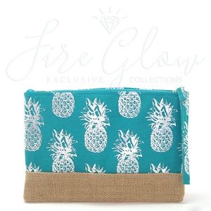 Teal Blue Silver Foil Pineapple Clutch Wristlet